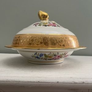 Vintage Gold Trim Floral Covered Serving Bowl